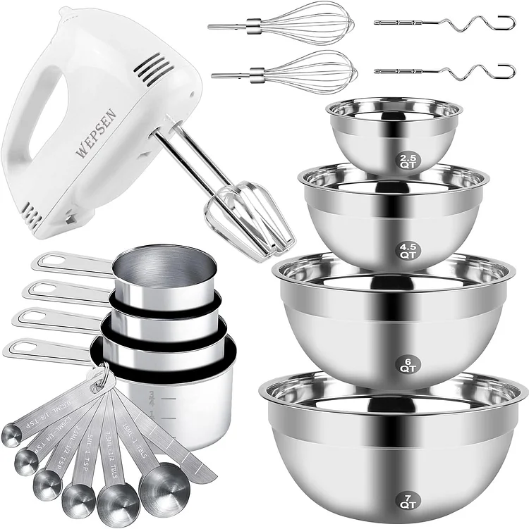 WEPSEN - Juego de cuencos eléctricos para mezclar, 5 velocidades, mezclador de mano con 5 cuencos de acero inoxidable anidados, tazas medidoras cucharas batidora de cocina de 200 W, suministros para
