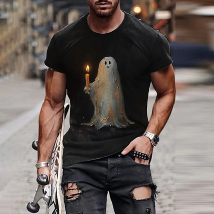 Broswear Retro Ghost Painting Candle Print T-Shirt