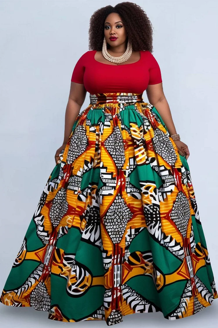 Xpluswear Design Plus Size Ankara Multicolor Tribal Spring Summer African Two Piece Skirts Set