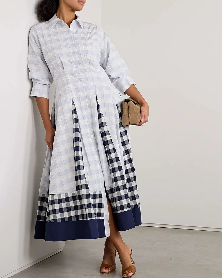 Paneled checked cotton-voile midi dress