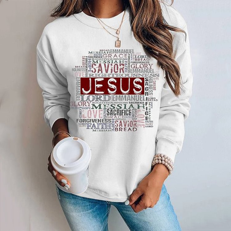Comstylish Jesus Letters Printed Long Sleeve Casual Sweatshirt