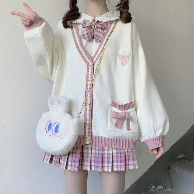 Pink/Blue Cute Bow Knit Long Sleeve Cardigan SP16510