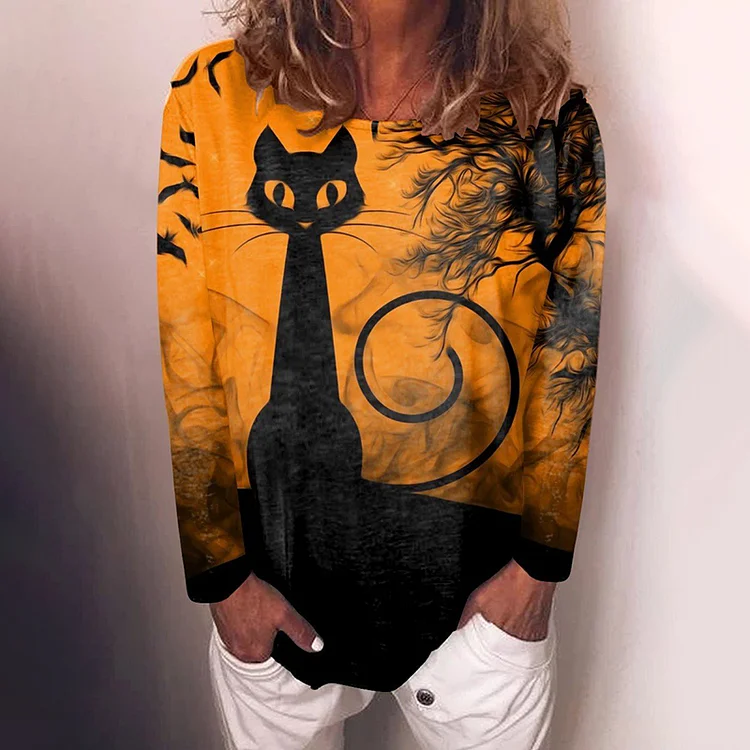 Vefave Cat Print Crew Neck Long Sleeve T-Shirt
