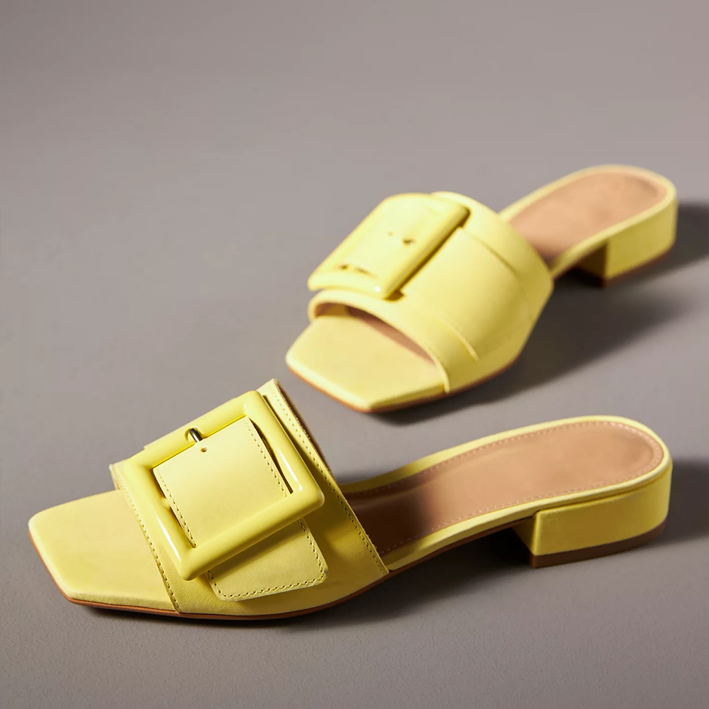 Yellow Vegan Leather Opened Square Toe Buckled Wide Band Mules With Low Chunky Heels Nicepairs