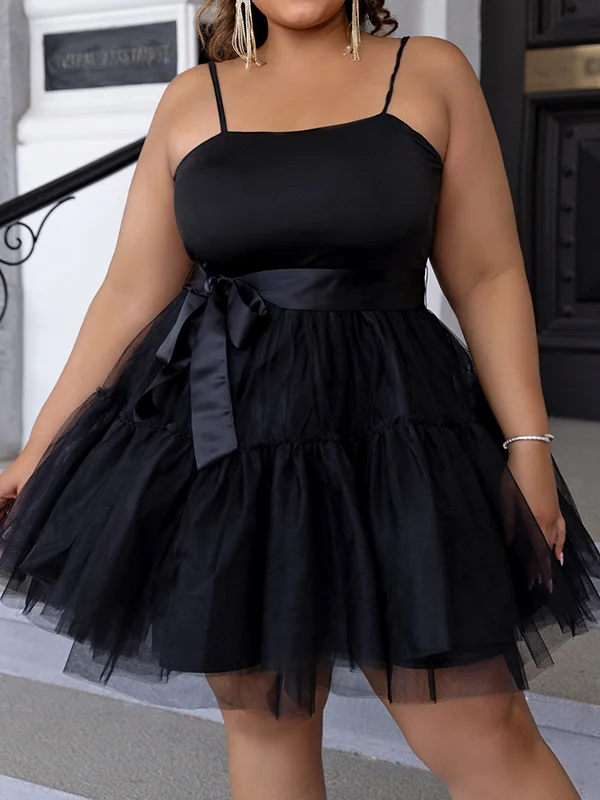 Solid Color Split-Joint Tied Waist Tulle Loose Plus Size Collarless Mini Dresses