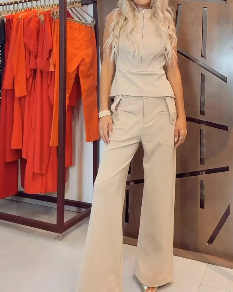 Round Neck Zipper Top and Pants Two-piece Suit