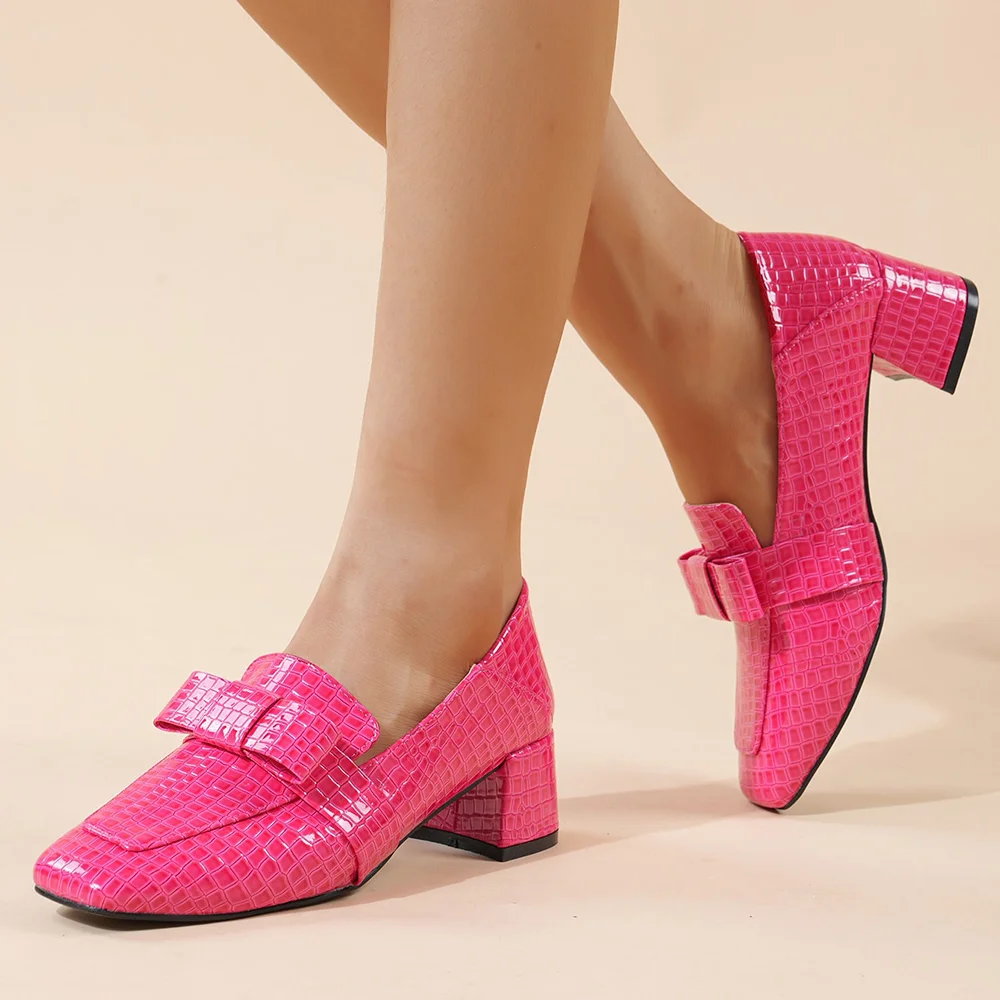 Pink Patent Leather Square Toe Block Heel Loafer Shoes Nicepairs