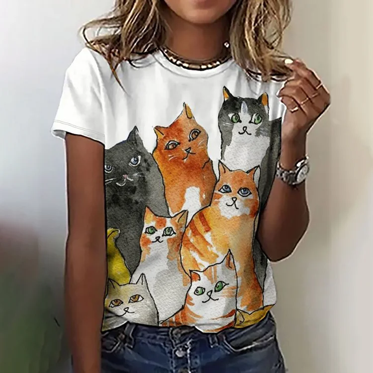 Vefave Cat Print Short Sleeve Casual T-Shirt