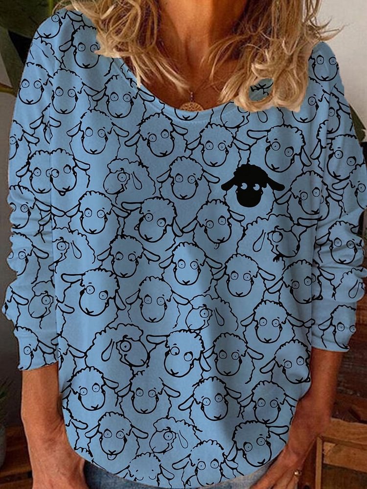 Lot Of Sheep Print Loose Crew Neck Long Sleeve T-shirt socialshop