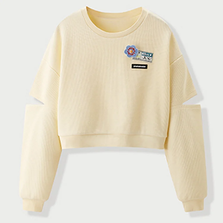 Designed Solid Long Sleeve Short Sweatshirt