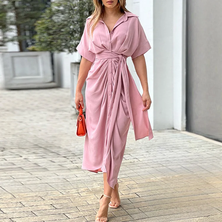 Mid-Length Short Sleeve Single-Breasted High Waist Dress