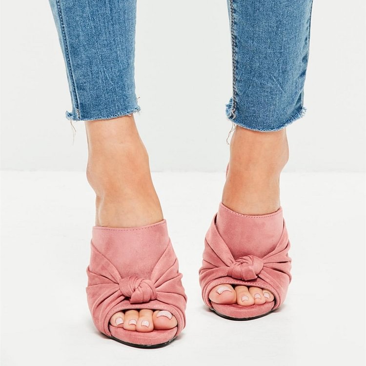 Pink Mule Heels Peep Toe Knot Stiletto Heels Sandals |FSJ Shoes