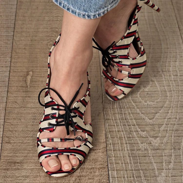 Striped Lace-Up Sandals with Open Toe Vdcoo