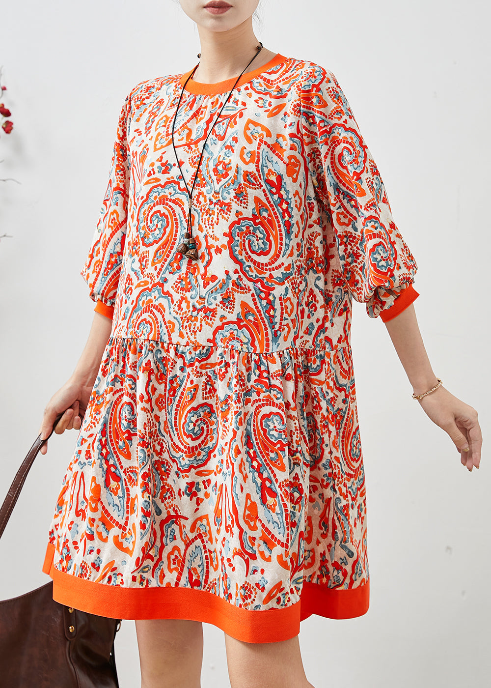 Tea-Length Chiffon Lace Dress Orange
