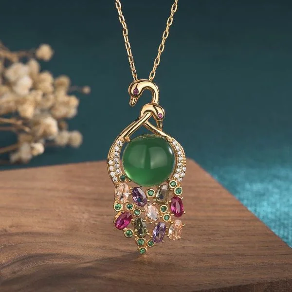 Cyan Jade Peacock Pendant Necklace
