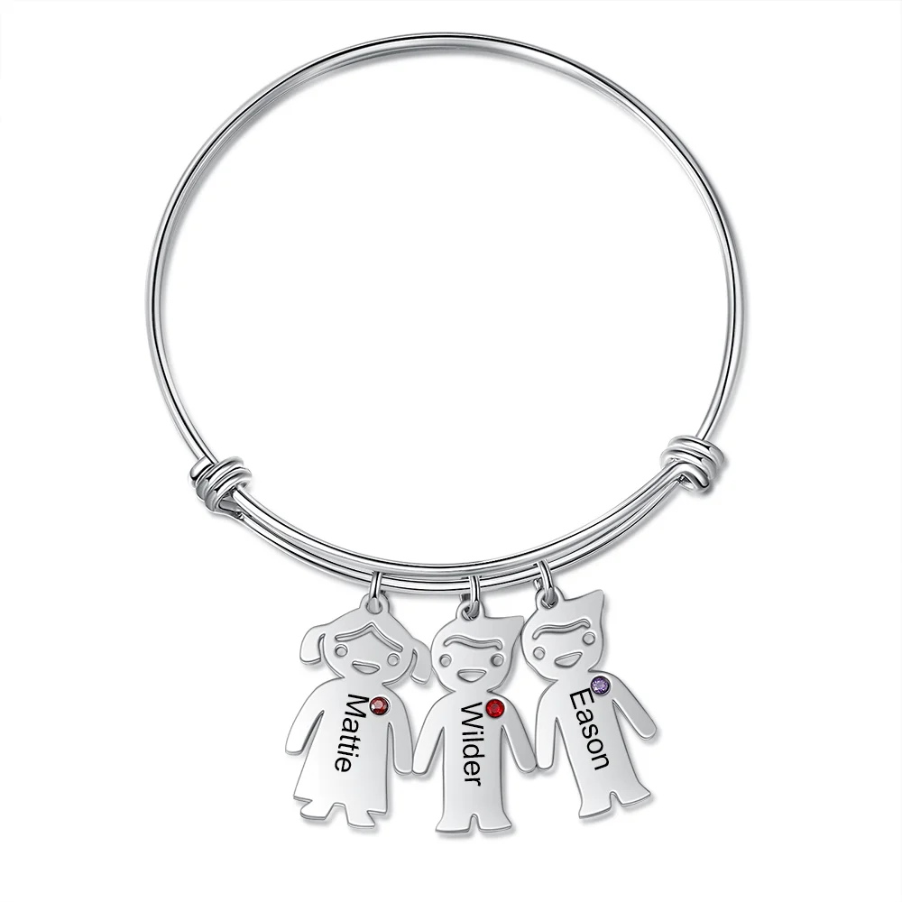 Kid Charm Bangle Bracelet with 3 Birthstones Gift for Mother
