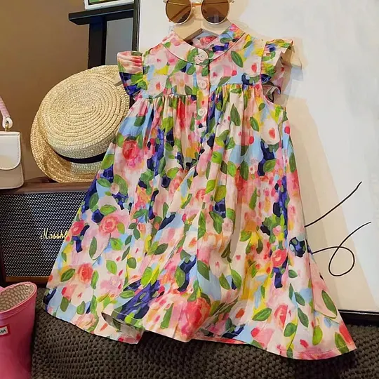 【18M-8Y】Girl Fashion Sweet Colorful Printed Ruffle Sleeveless Dress - 33403