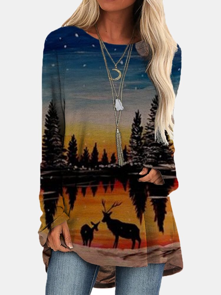 Landscape Printing O neck Long Sleeve T shirt P1750738
