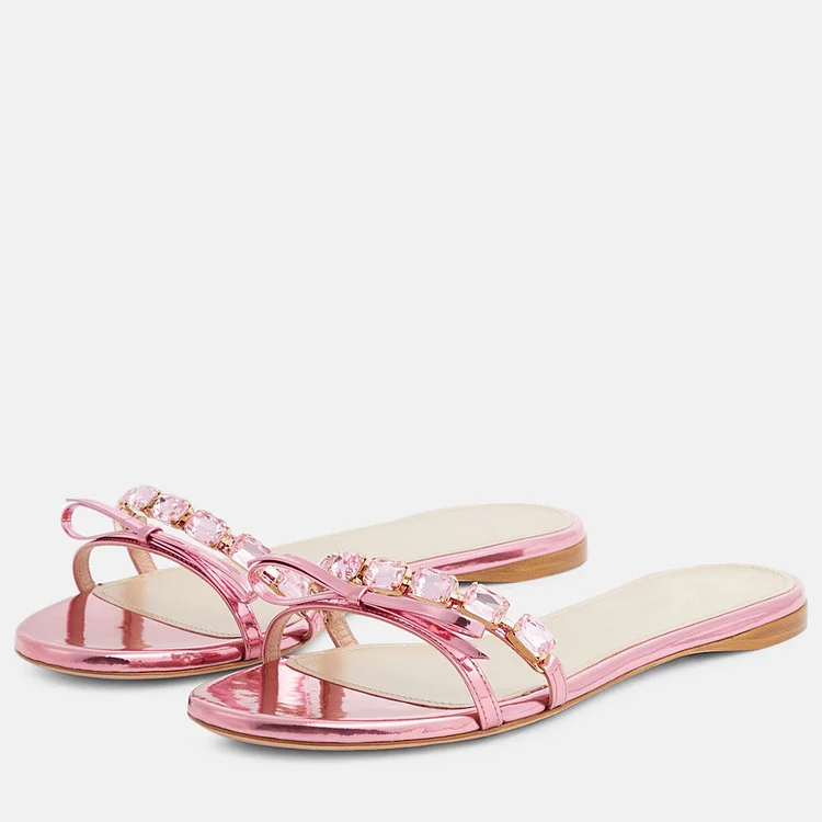 Pink Metallic Bow & Crystal Embellished Slide Sandals |FSJ Shoes