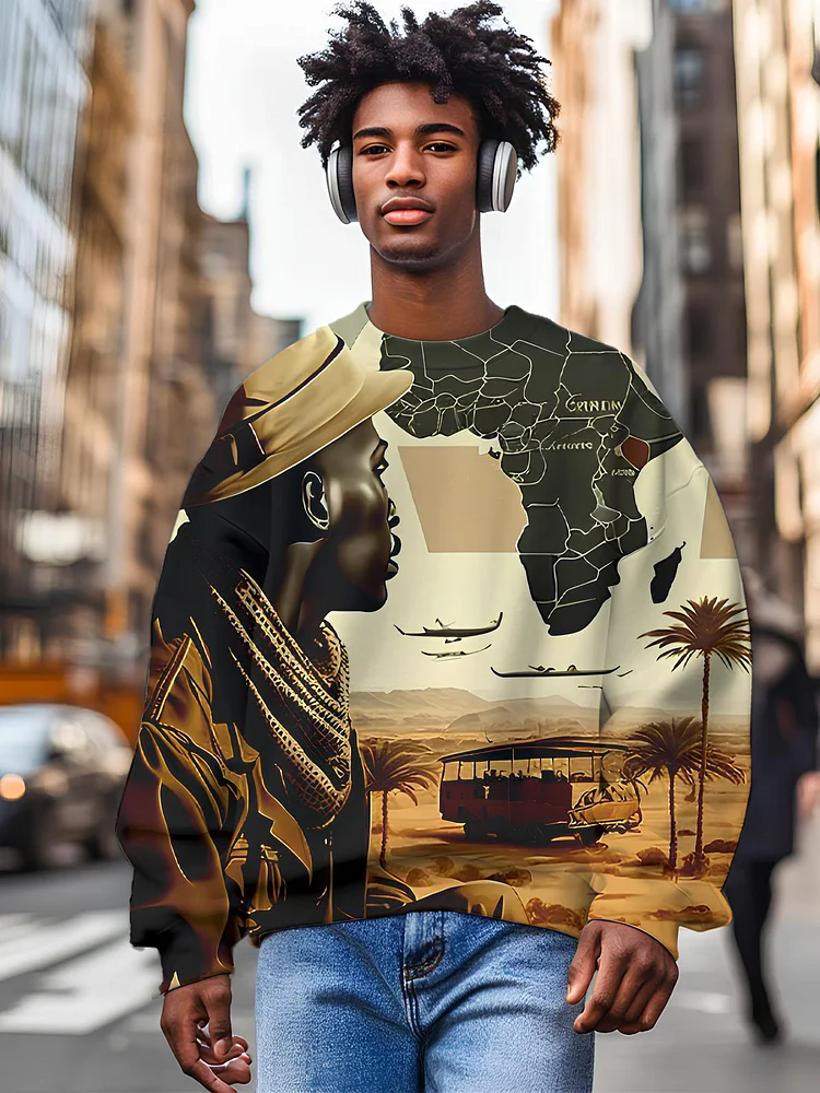 Men's Vintage Africa Map Black History Month Print Casual Sweatshirt
