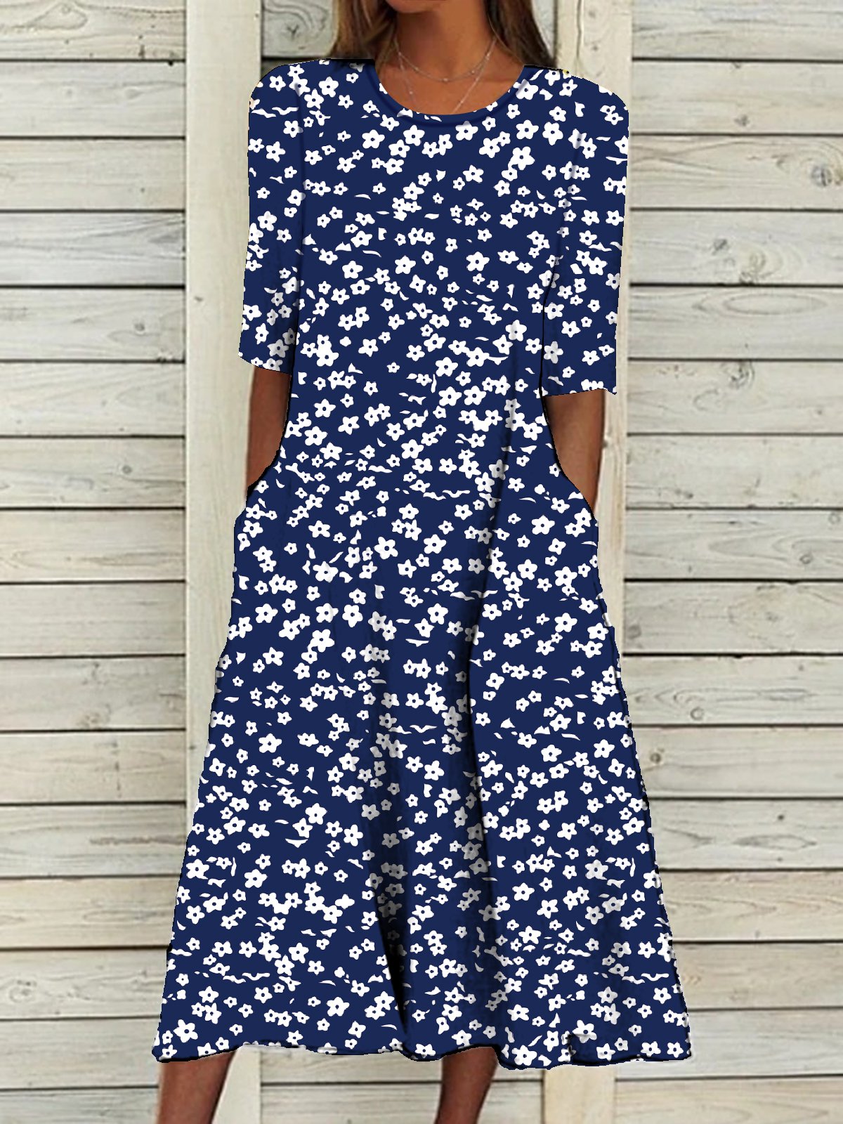 Floral Tie Neck Half Sleeve Dress main image 1