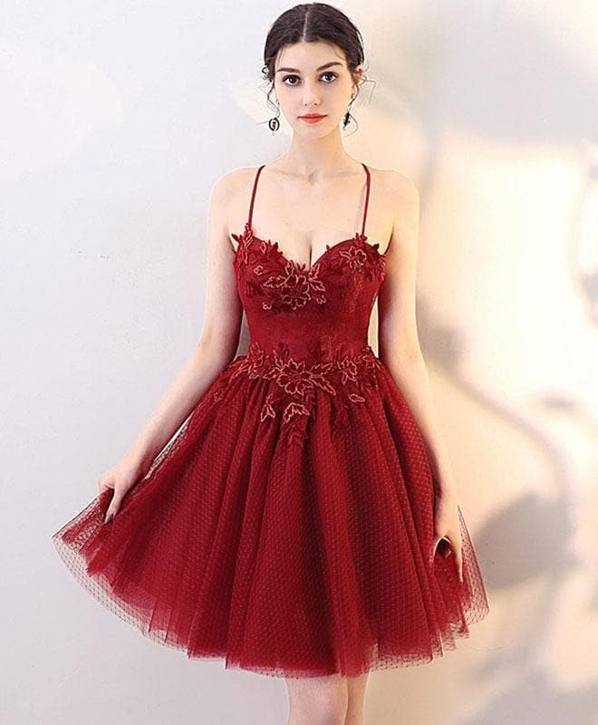 Burgundy Lace Tulle Short Prom Dress