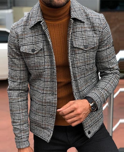Gingham Pocket Lapel Button Casual Coat