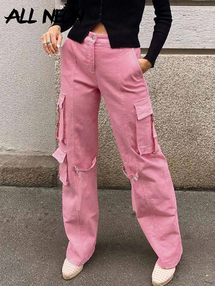Zingj Vintage Streetwear Y2K Pink Baggy Cargo Pants 90s Fashion Big