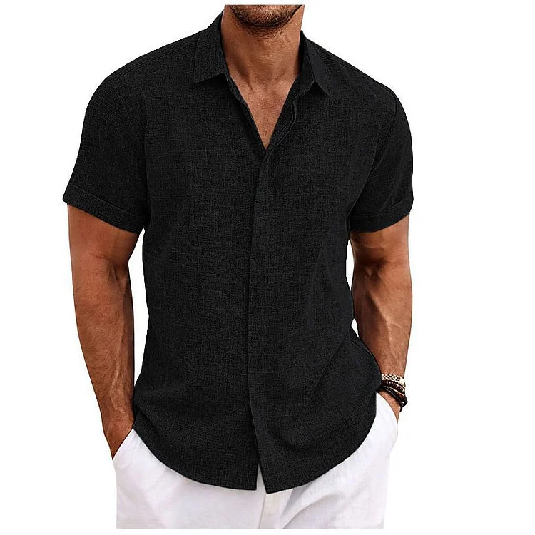 Men's Double Placket Cotton and Linen Cardigan Short Sleeve High Quality Shirt socialshop