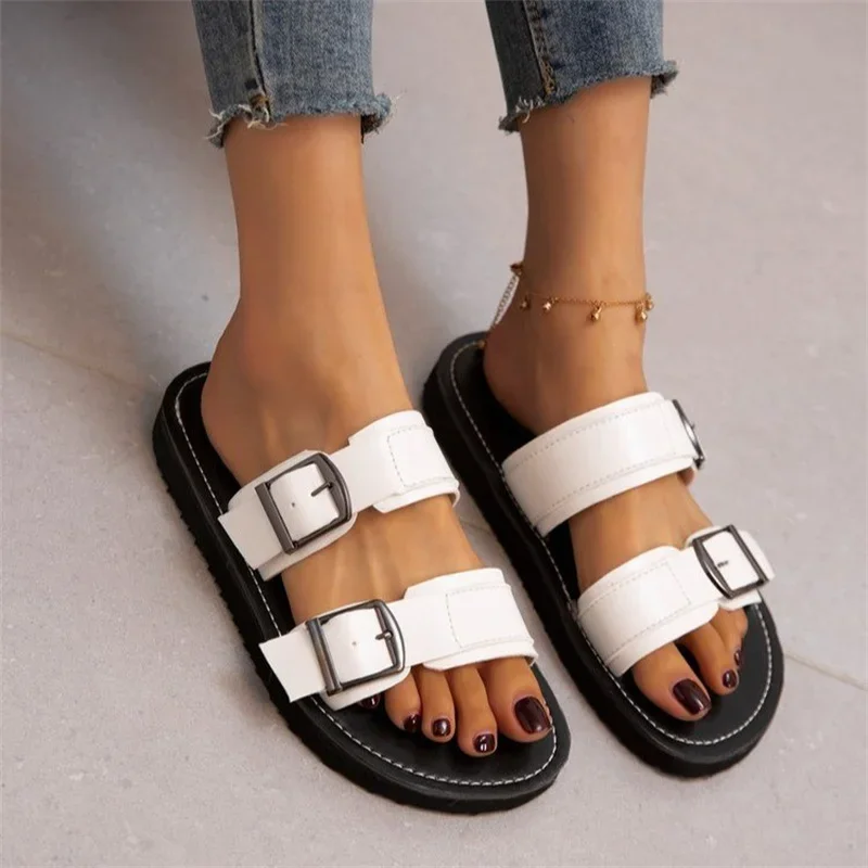 Canrulo Shoes 2024 Open Toe Women's Slippers Summer Solid Color Buckle Shoes Female Flat Casual Slippers Zapatillas De Mujer