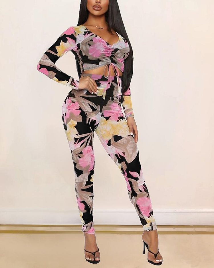 Floral Print Ruched Drawstring V-neck Crop Top & Pants Set - Shop Trendy Women's Clothing | LoverChic