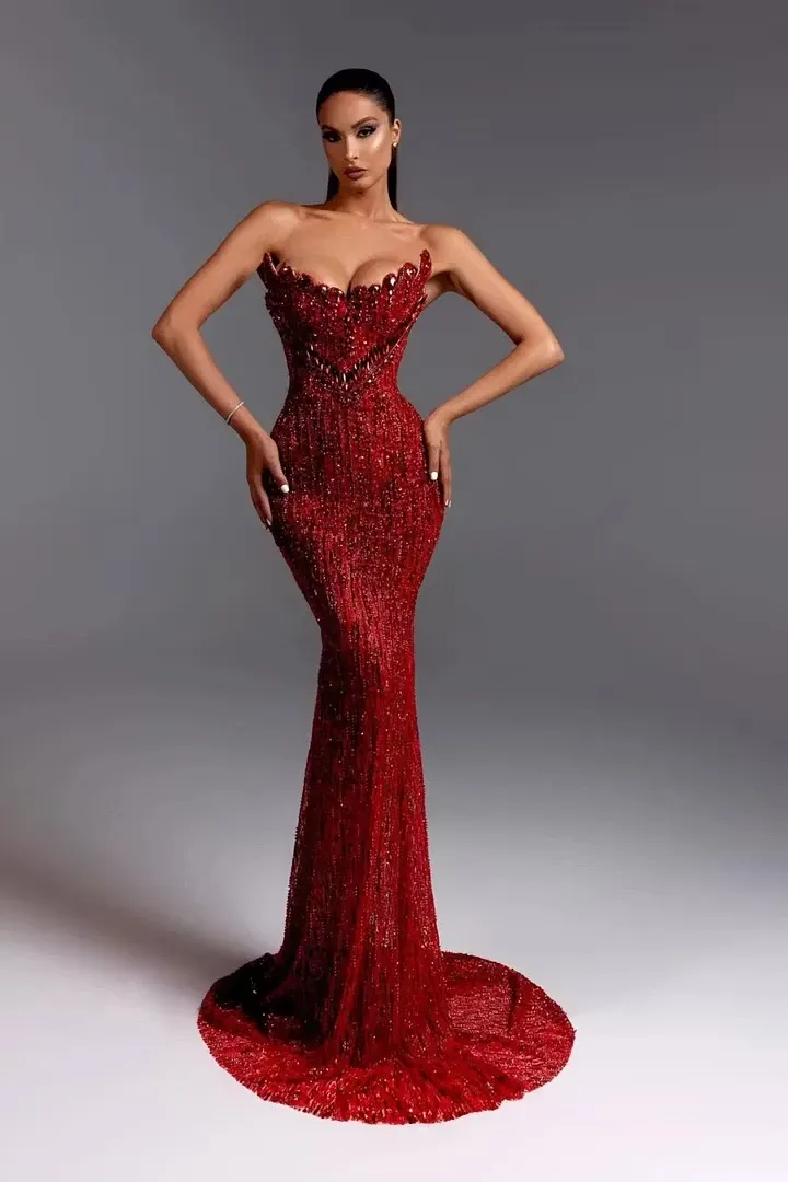 Daisda Sleeveless Strapless V-Neck Beads Mermaid Prom Dress