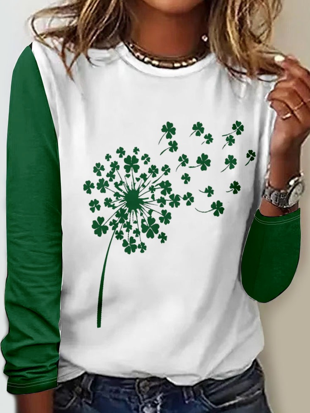 Women‘s Happy St. Patrick's Day Four-Leaf Clover Color Block Simple Long sleeve Shirt socialshop