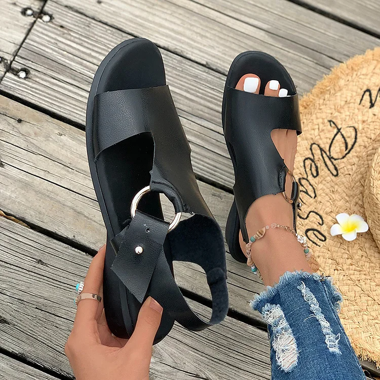 Metallic O-Ring Solid Color Open Toe Cut Out Casual Sandals