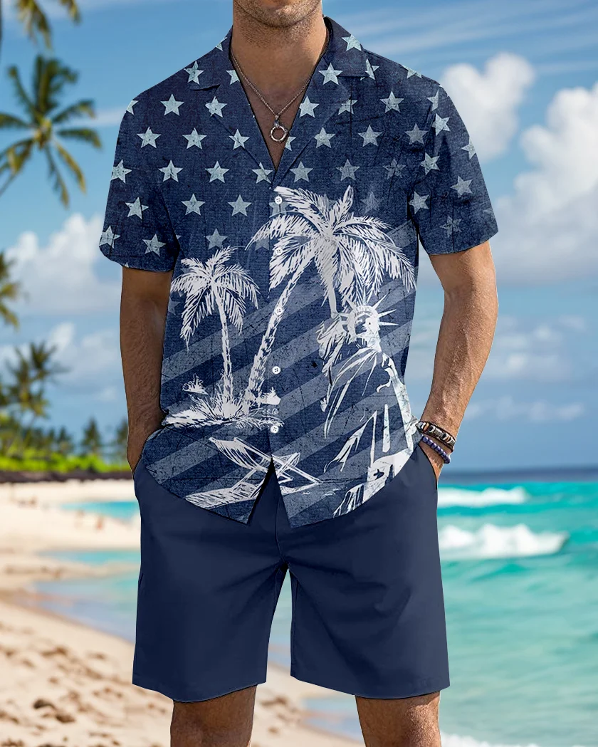 Men's NavyBlue Coconut Tree American Flag Vacation Short Walking Suits PLUSCLOTHESMAN