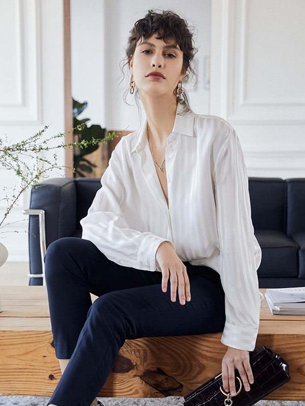 Silk Blouse White Srtipes Loose Style