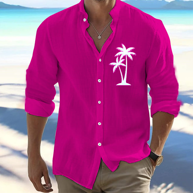 Men's Coconut Tree Print Stand Collar Button Long Sleeve Shirt