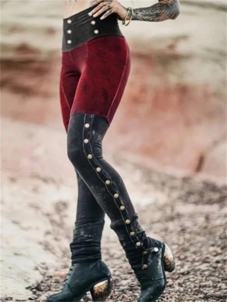 Contrast Color Patchwork Button Accent Leggings