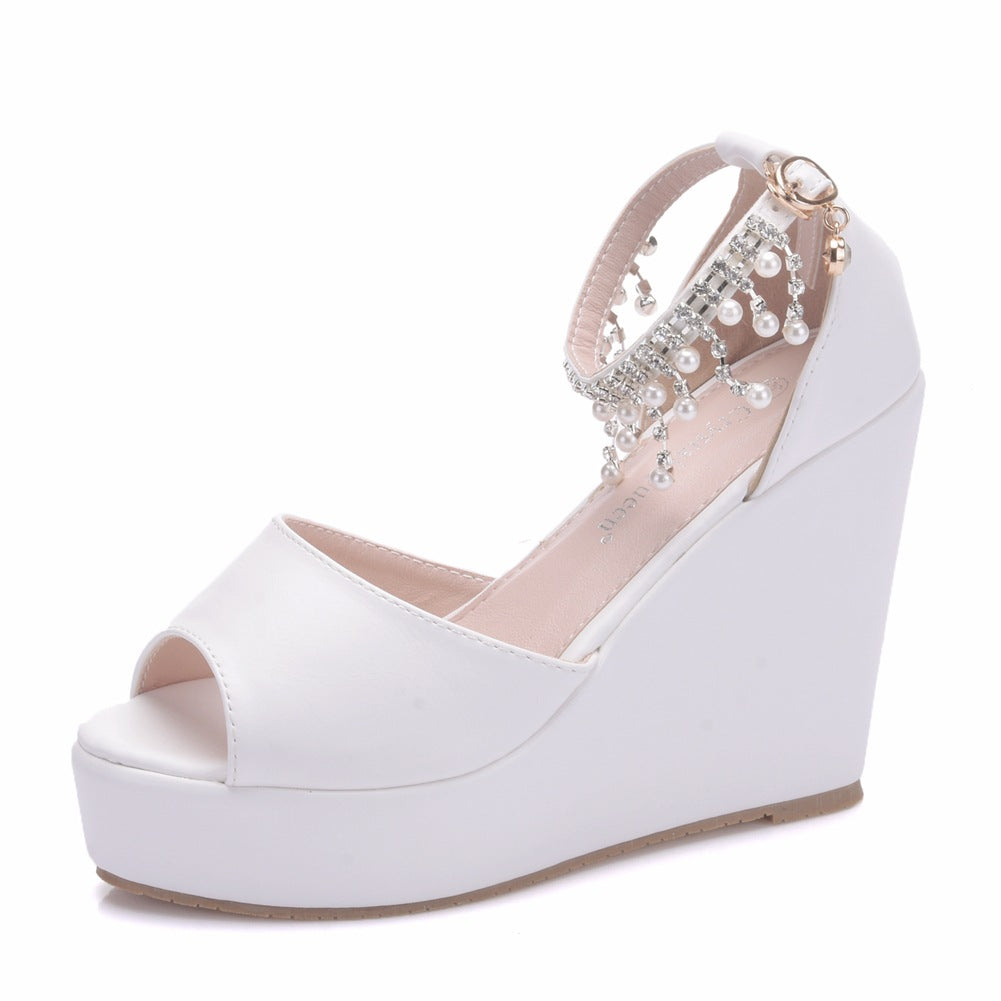 VCSHOES String Bead Peep Toe Tassel Wedge Heel Platform Sandals