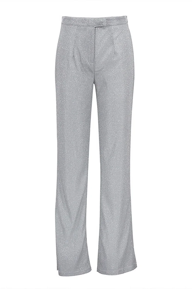 Sequin Notch Lapel Blazer Cami Bra Straight Leg Pants Matching Set-Silver