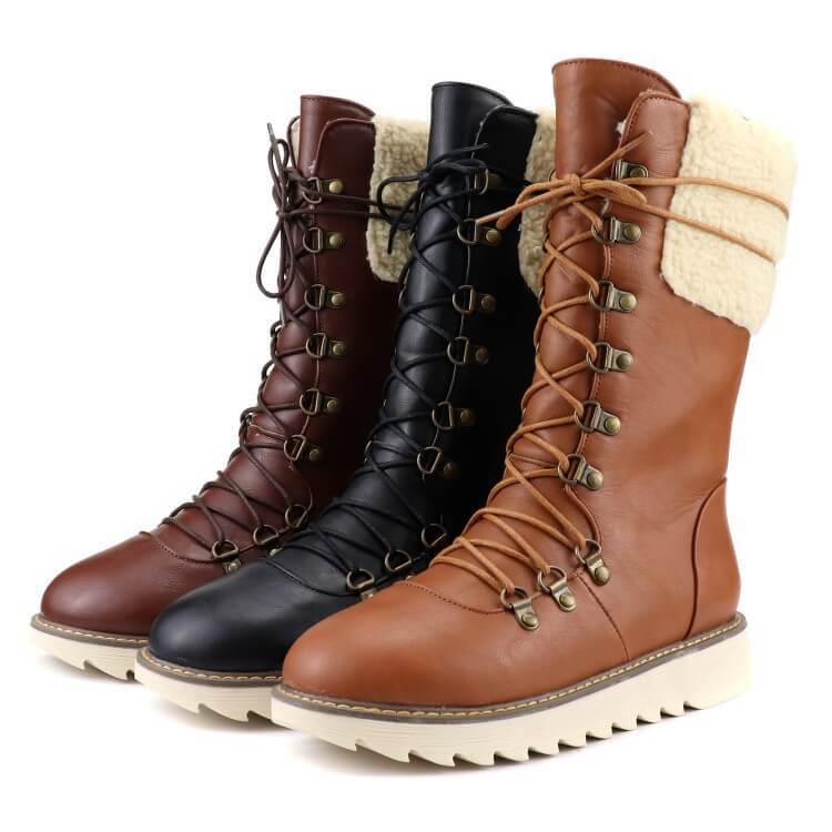 VCSHOES Leather Flat Lace Up Calf Boots