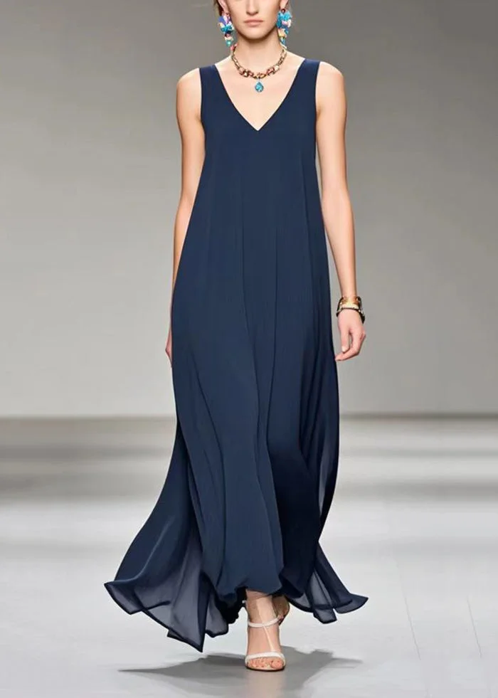 Vintage Navy V Neck Draping Chiffon Cami Dress Sleeveless Summer
