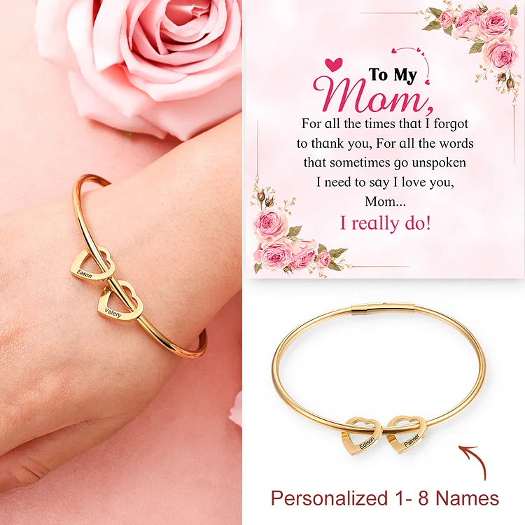Love Bracelet with 2 Heart Pendant Engraved Bangle Bracelet Gift for Mother