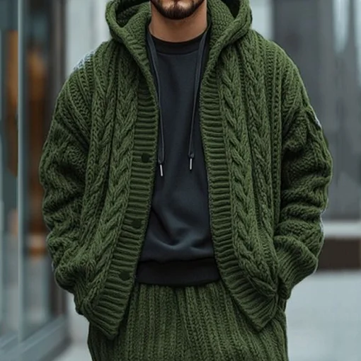 Men'S Thick Knitted Hemp Pattern Hooded Sweater