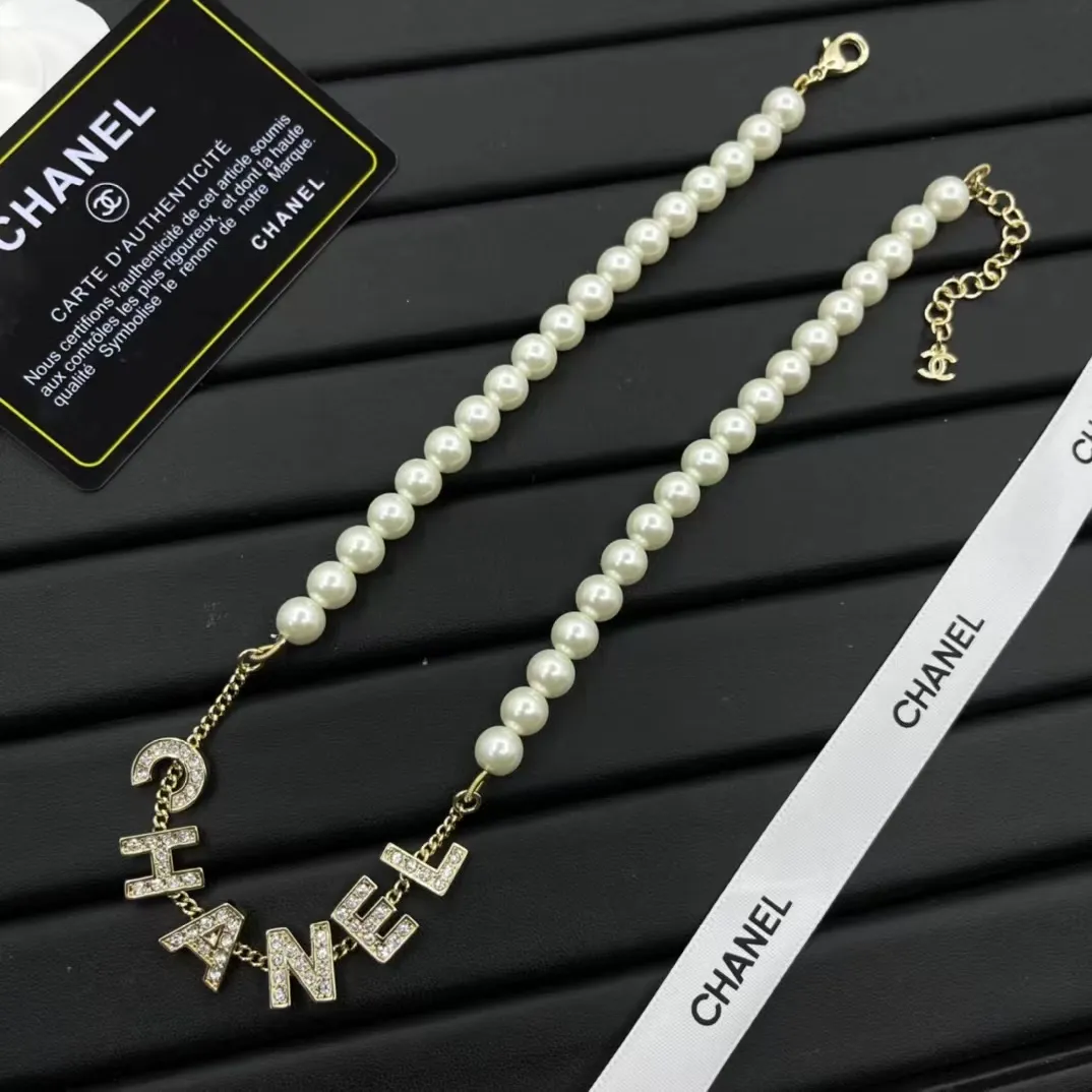 Chanel Letter Pednant Pearl Chain Necklace