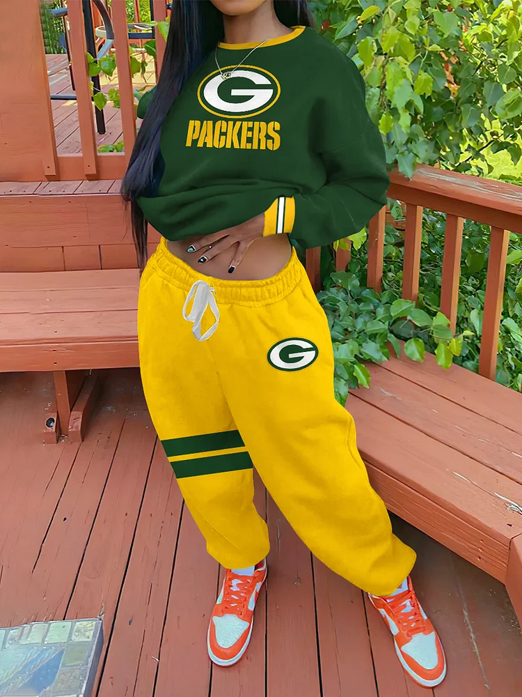 NFL PACKERS Women's Sports Crew Neck Sweatshirt Sweatpants Two-Piece Set