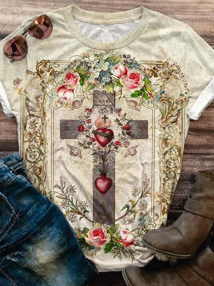 Vintage Cross with Sacred Hearts Crew Neck T-shirt