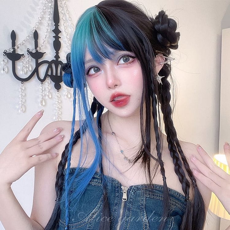 eGirl Gradiente Front Side Blue Narutal Black Wig SP18483