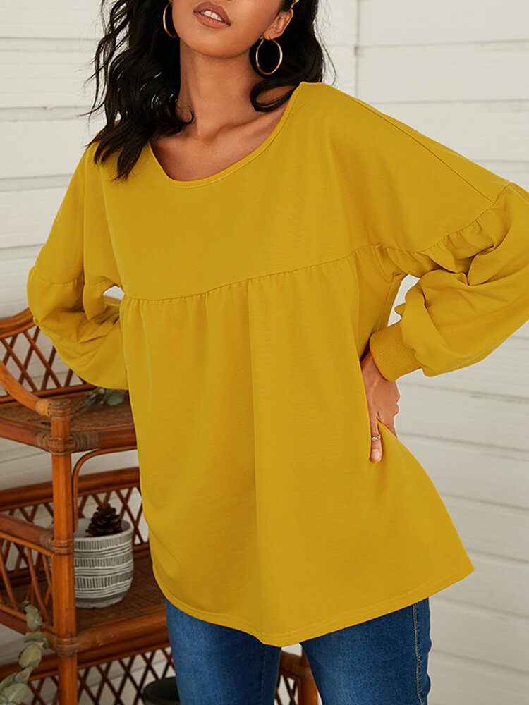 Solid Color O neck Long Bishop Sleeve T shirt P1765454