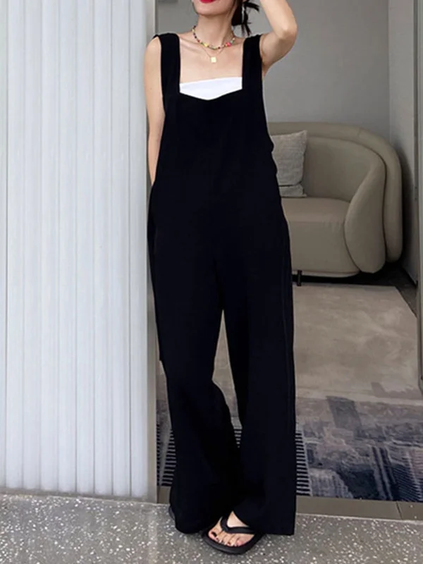 Original Creation Sleeveless Loose Solid Color Square-Neck Overalls